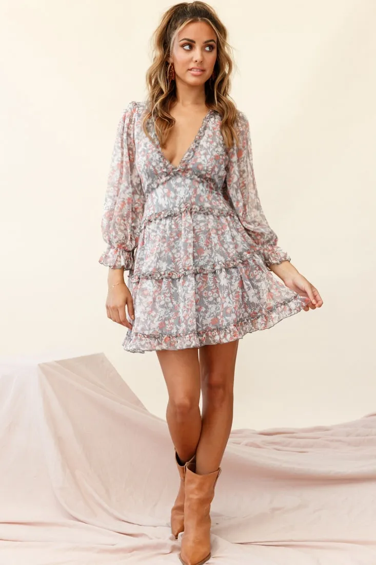 Laney Cutout Back Ruffle Trim Dress Floral Print Grey/Orange sold by Selfie Leslie