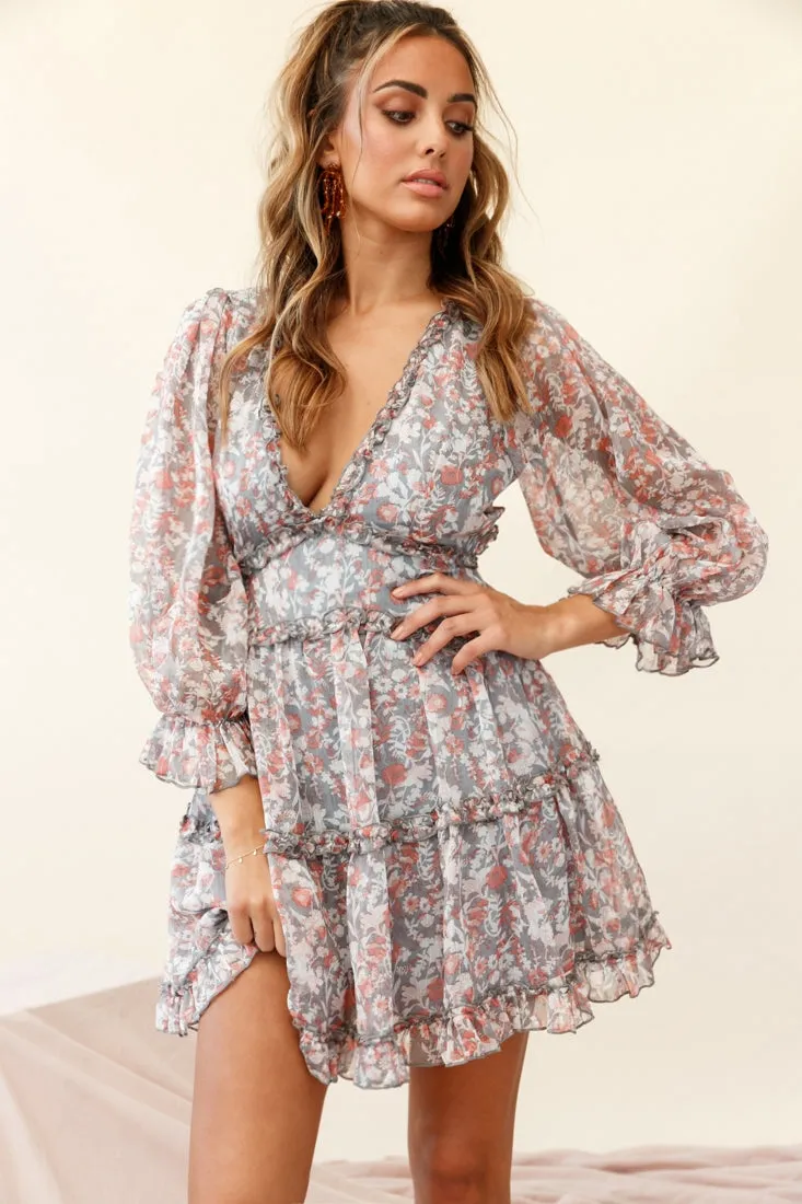 Laney Cutout Back Ruffle Trim Dress Floral Print Grey/Orange sold by Selfie Leslie product image thumbnail 2