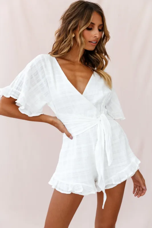 Karin Frill Trim Waist Tie Romper White sold by Selfie Leslie