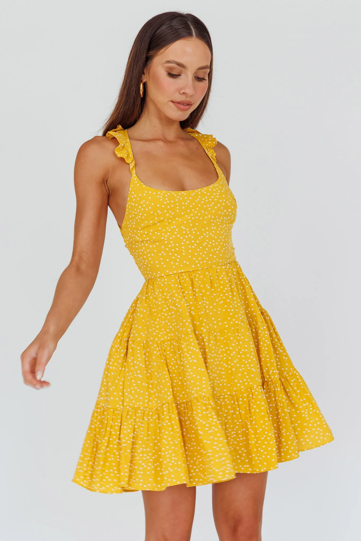 Allegra Fluted Hem Lace-Up Back Dress Yellow sold by Selfie Leslie
