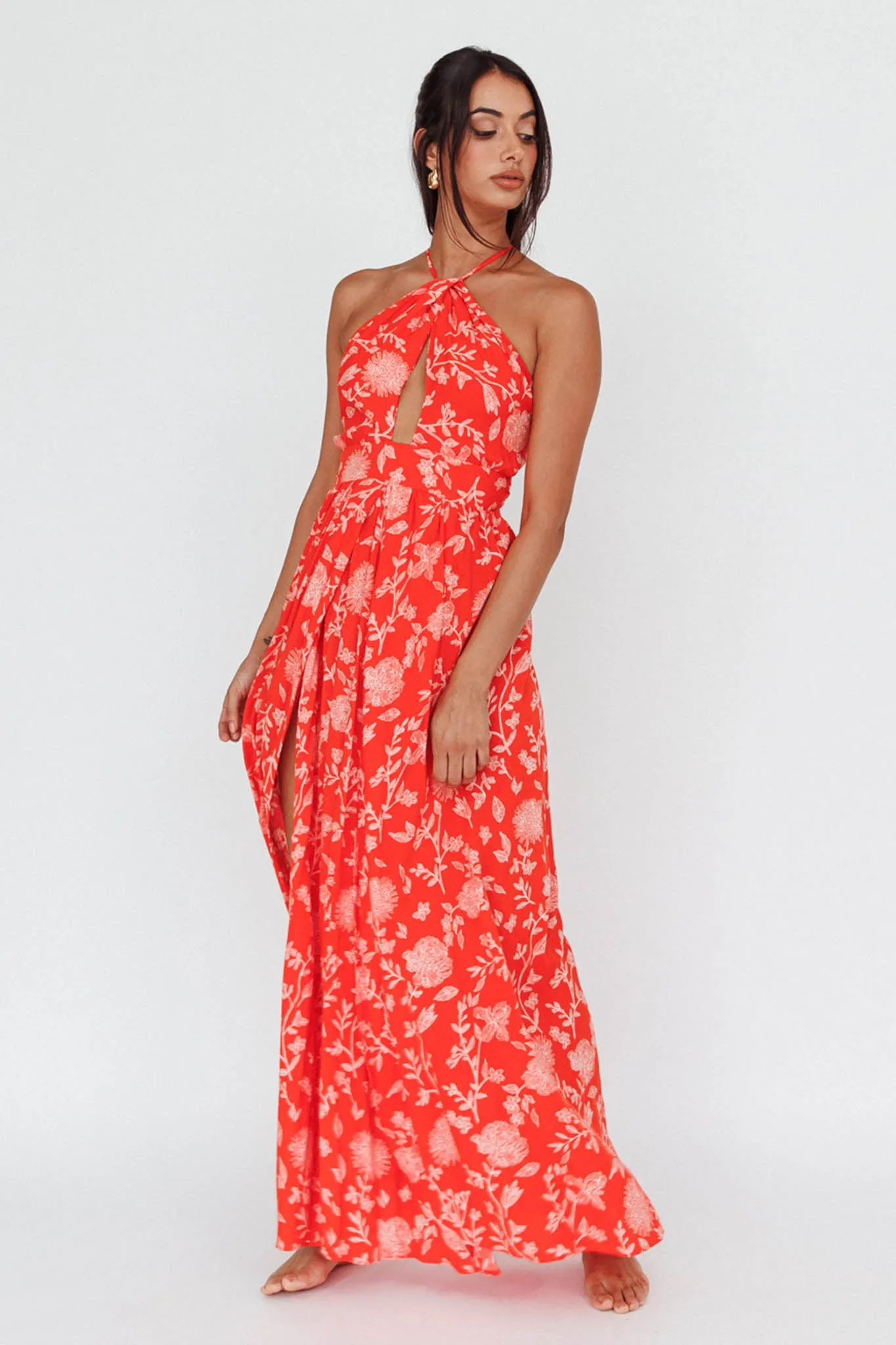 Athena High Split Maxi Dress Floral Print Red sold by Selfie Leslie product image thumbnail 5