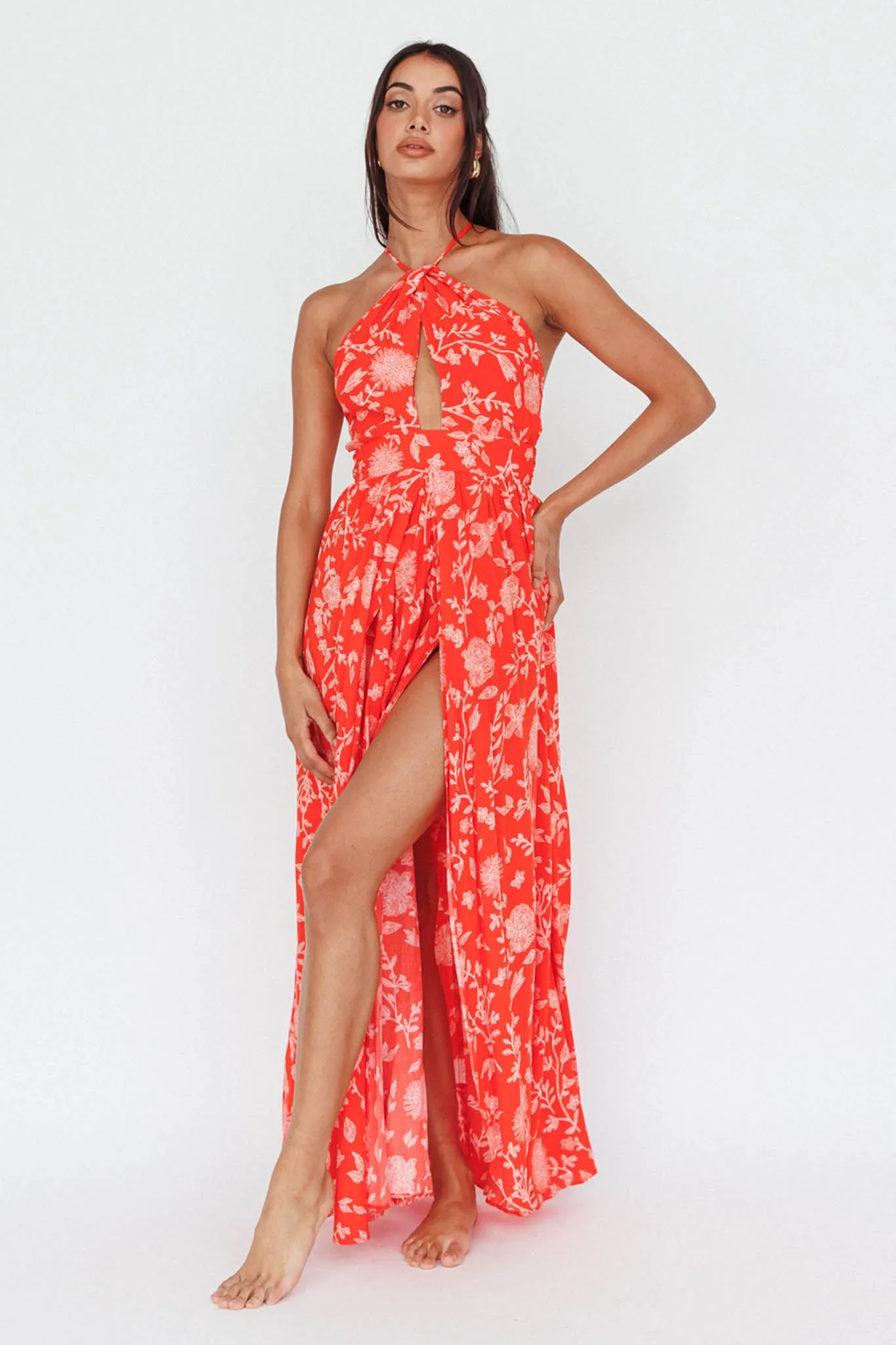 Athena High Split Maxi Dress Floral Print Red sold by Selfie Leslie