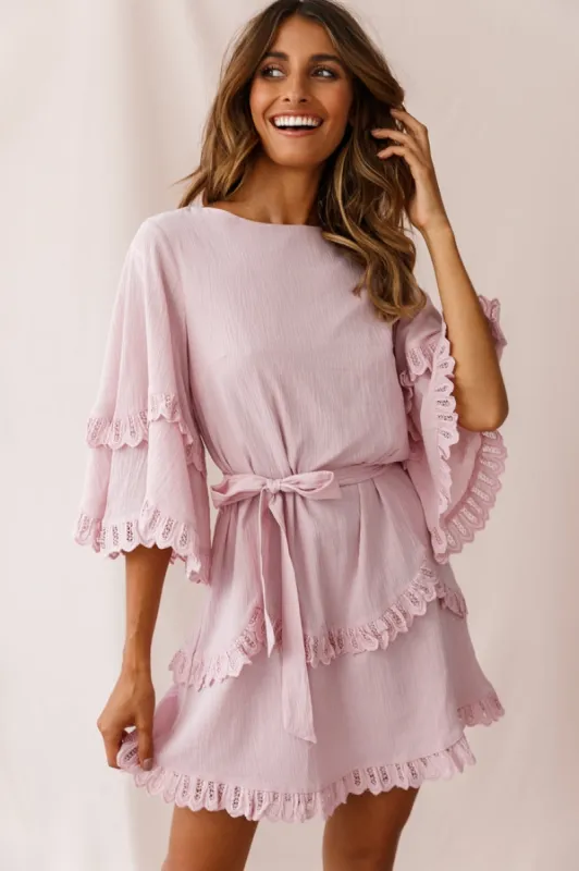 Talitha Waist Tie Lace Trim Dress Blush sold by Selfie Leslie
