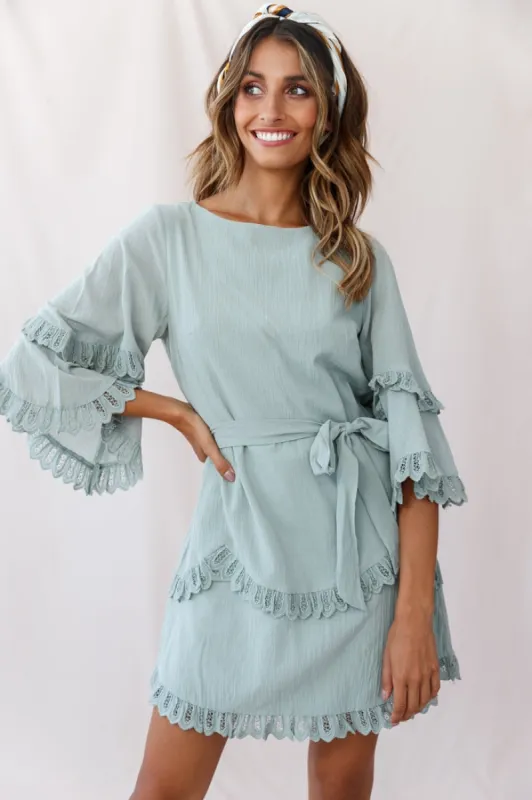 Talitha Waist Tie Lace Trim Dress Sage sold by Selfie Leslie