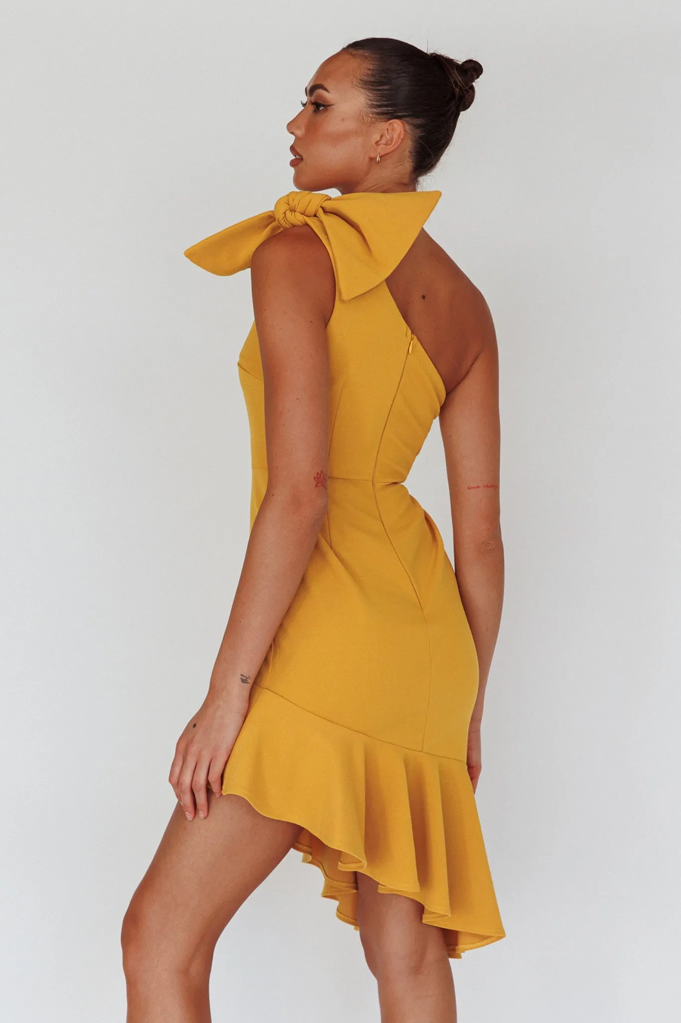 Tiffany One-Shoulder Bow Dress Mustard sold by Selfie Leslie product image thumbnail 3