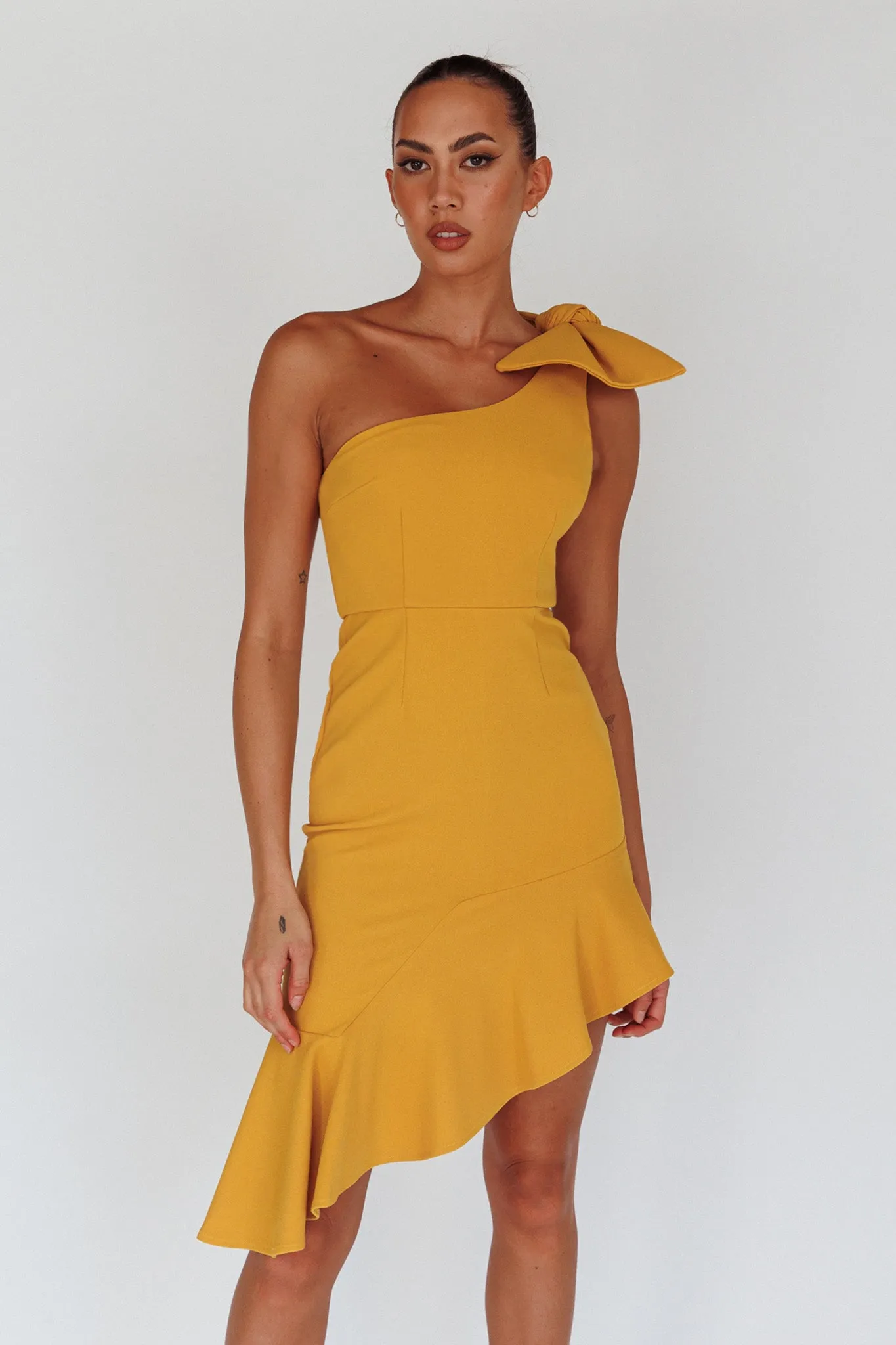 Tiffany One-Shoulder Bow Dress Mustard sold by Selfie Leslie product image thumbnail 2