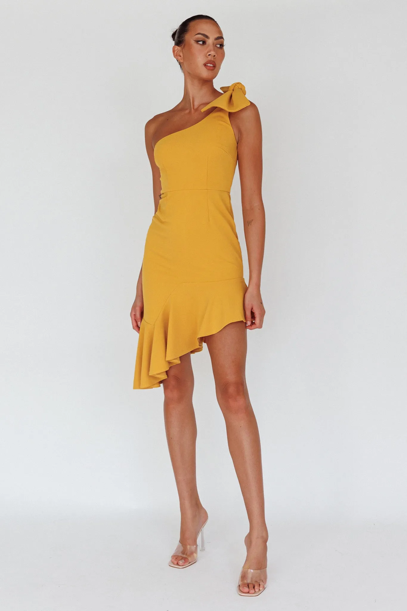 Tiffany One-Shoulder Bow Dress Mustard sold by Selfie Leslie product image thumbnail 5