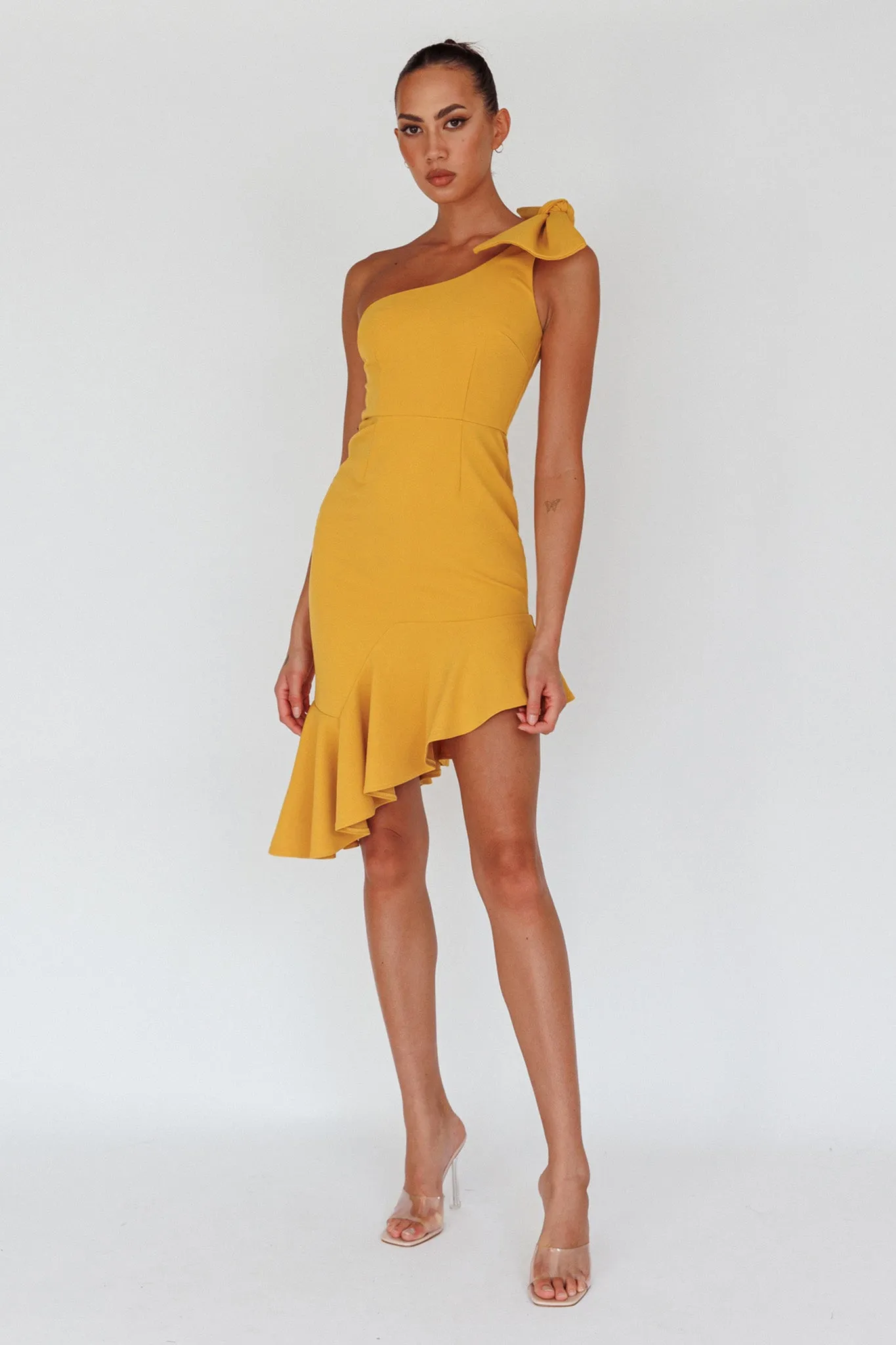 Tiffany One-Shoulder Bow Dress Mustard sold by Selfie Leslie