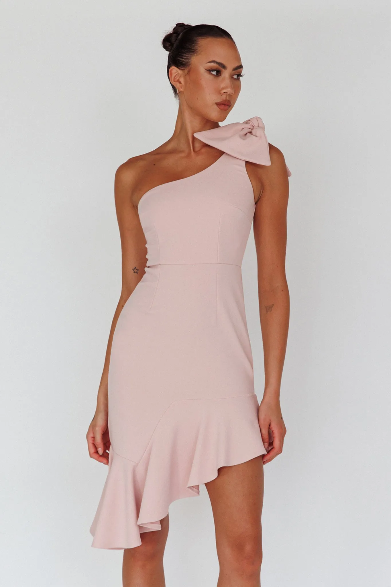 Tiffany One-Shoulder Bow Dress Blush sold by Selfie Leslie