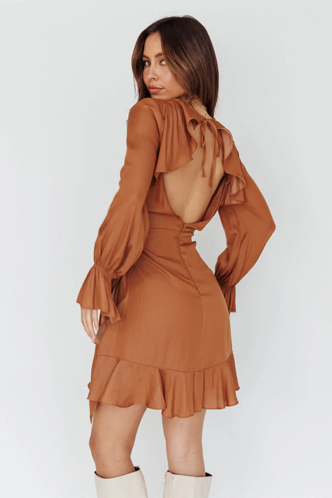 Darla Long Sleeve Satin Dress Tan sold by Selfie Leslie product image thumbnail 3