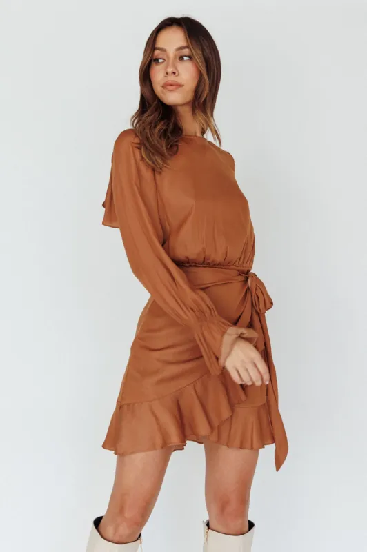 Darla Long Sleeve Satin Dress Tan sold by Selfie Leslie