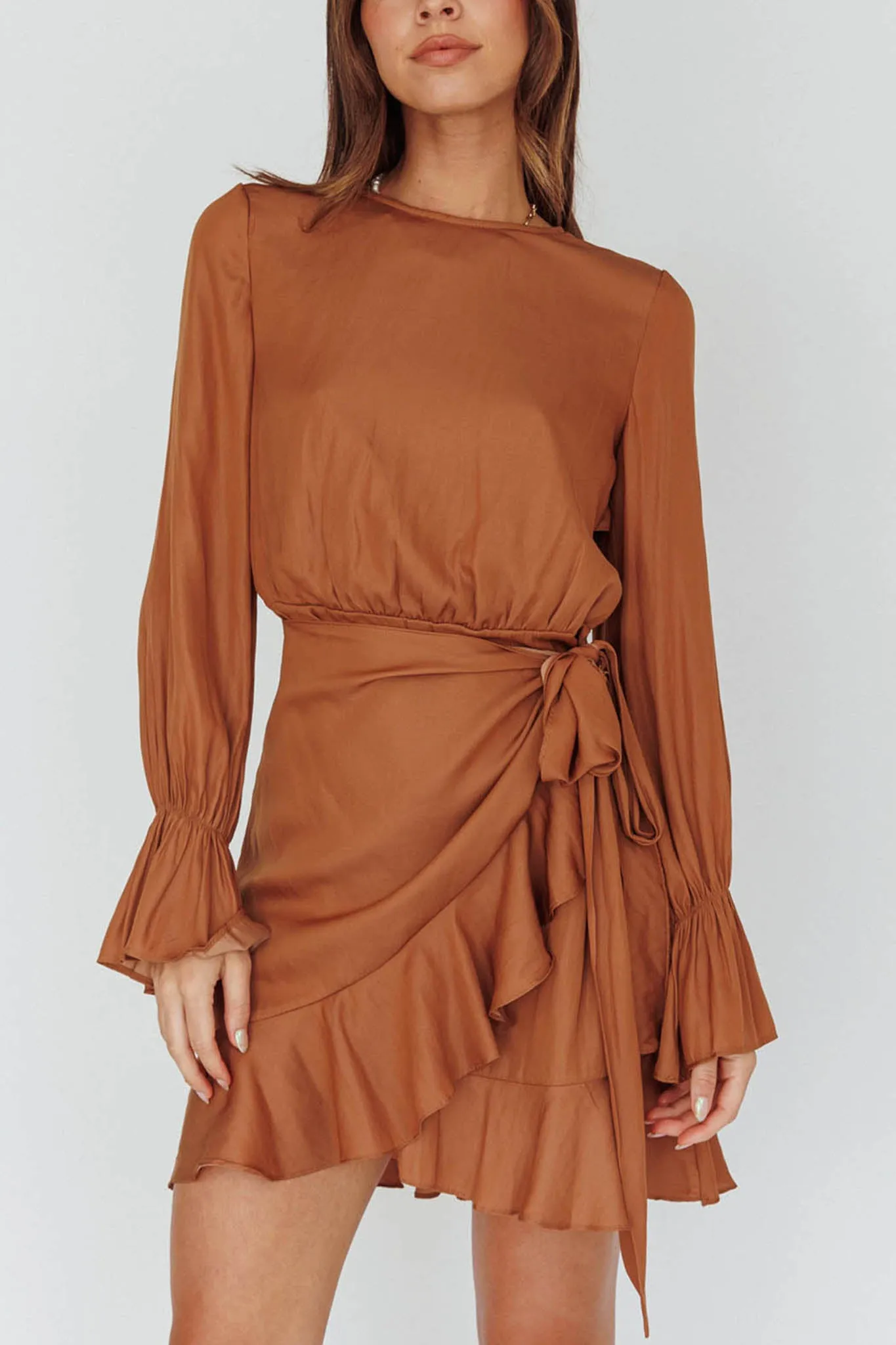 Darla Long Sleeve Satin Dress Tan sold by Selfie Leslie product image thumbnail 4