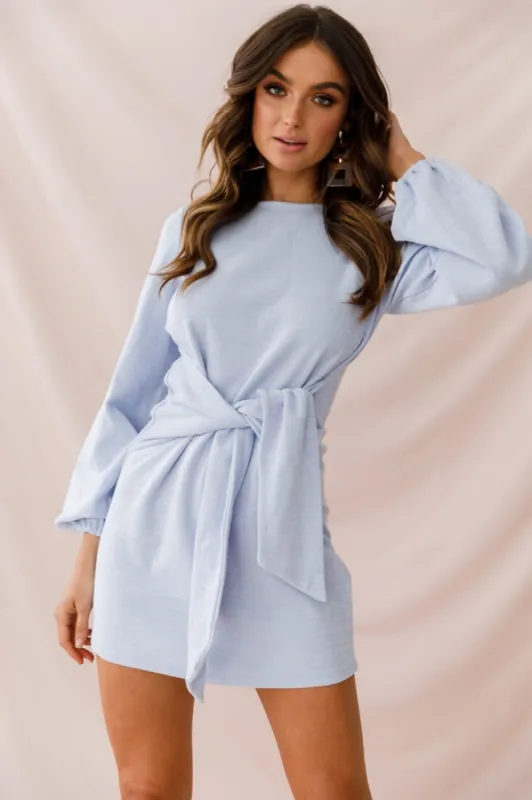Rapt Waist Tie Bishop Sleeve Knit Dress Steel Blue sold by Selfie Leslie