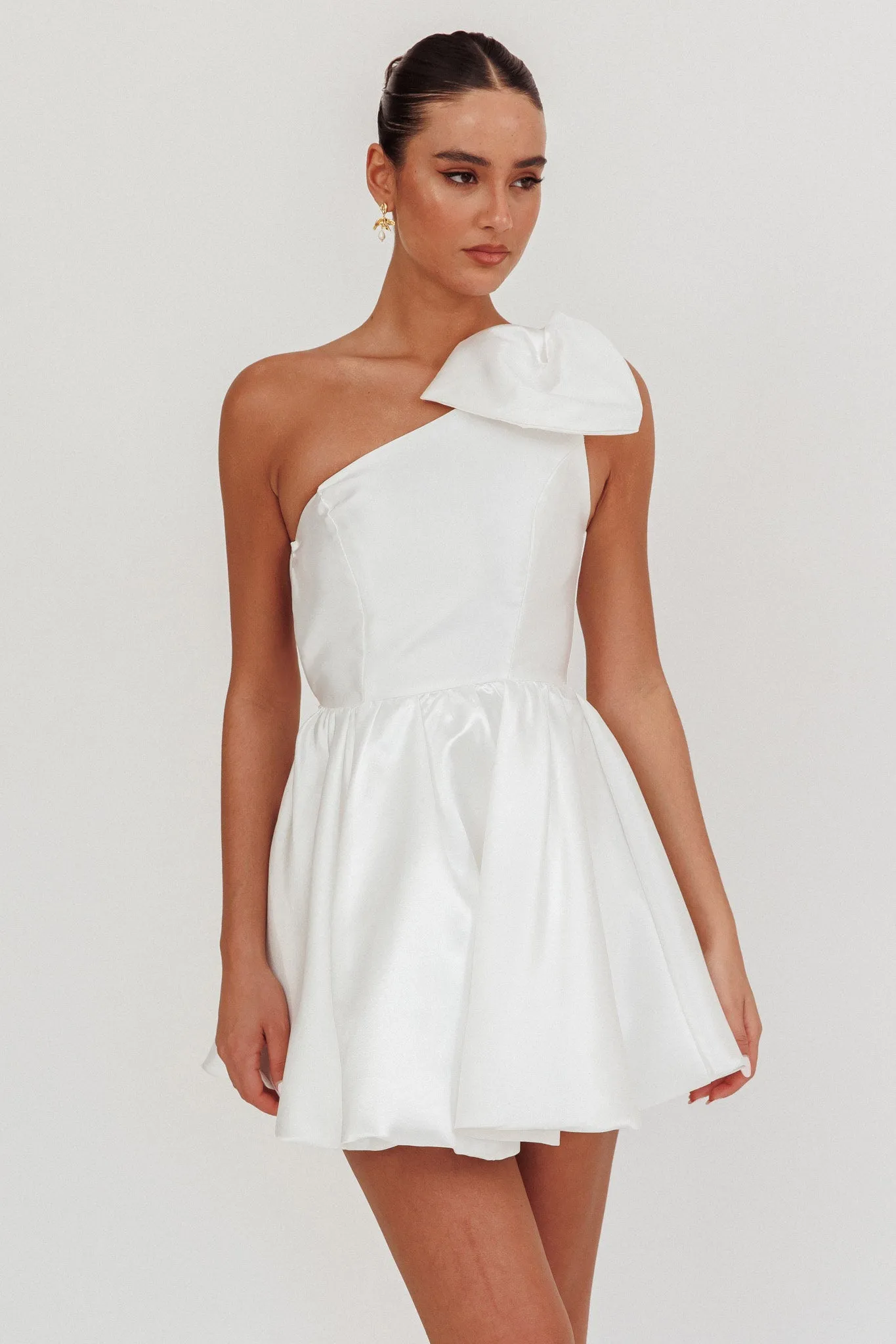 Athens Shoulder Bow Bubble Hem Mini Dress Off White sold by Selfie Leslie