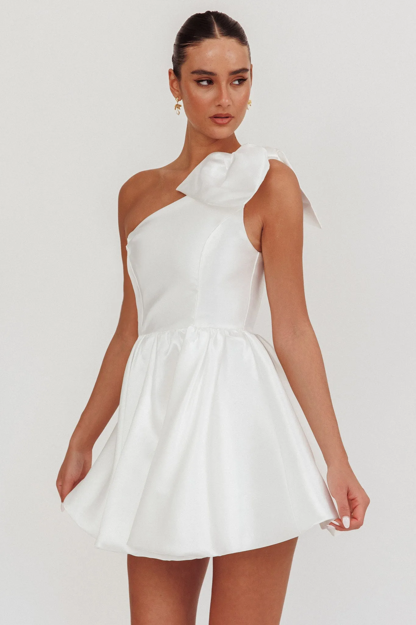 Athens Shoulder Bow Bubble Hem Mini Dress Off White sold by Selfie Leslie product image thumbnail 5