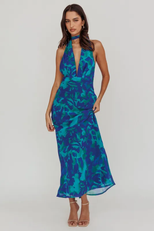 Italia Azure Halterneck Maxi Dress Abstract Blue sold by Selfie Leslie
