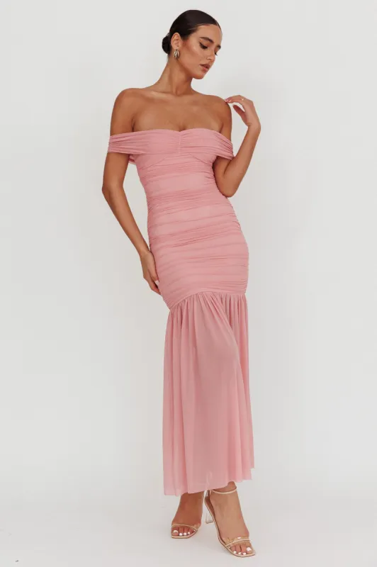 La Salle Off Shoulder Mesh Maxi Dress Pink sold by Selfie Leslie