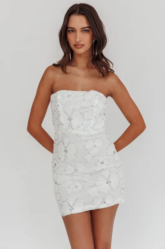 Paulinna Strapless Tied Back Mini Dress Embellished White sold by Selfie Leslie