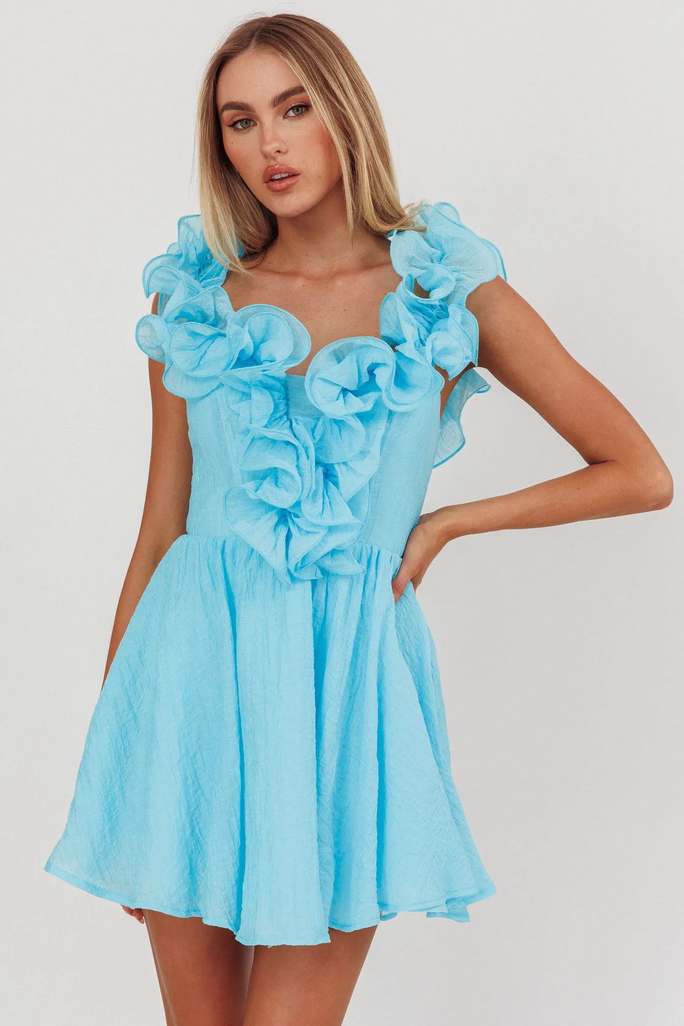 Nivaya Ruffle Neckline Mini Dress Ocean sold by Selfie Leslie