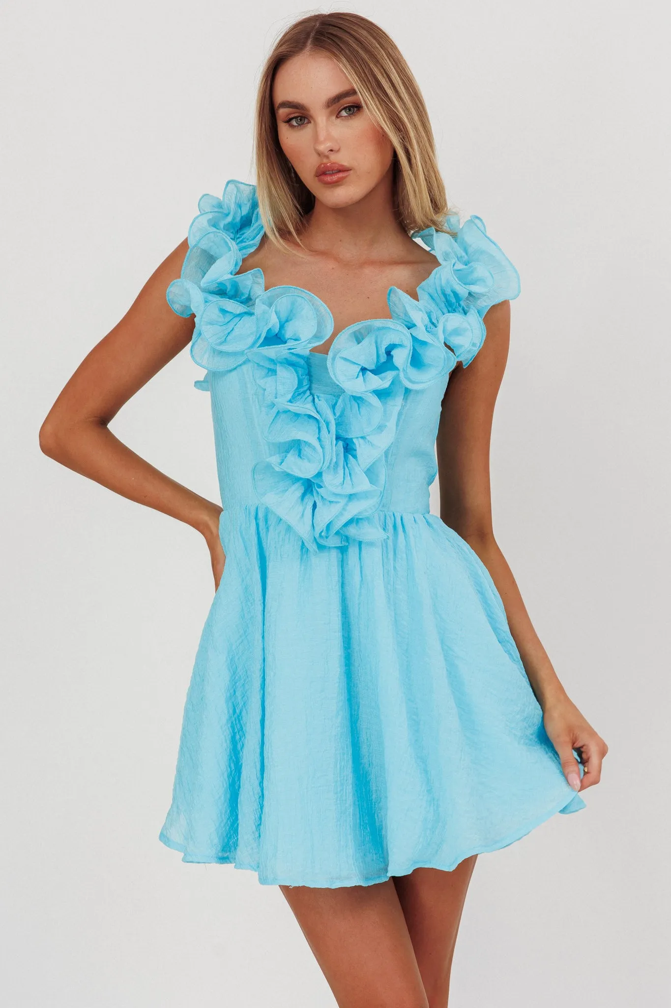 Nivaya Ruffle Neckline Mini Dress Ocean sold by Selfie Leslie product image thumbnail 5