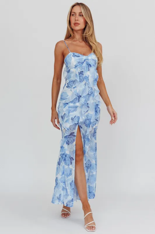 Frannie Vertical Ruffle Maxi Dress Floral Blue sold by Selfie Leslie