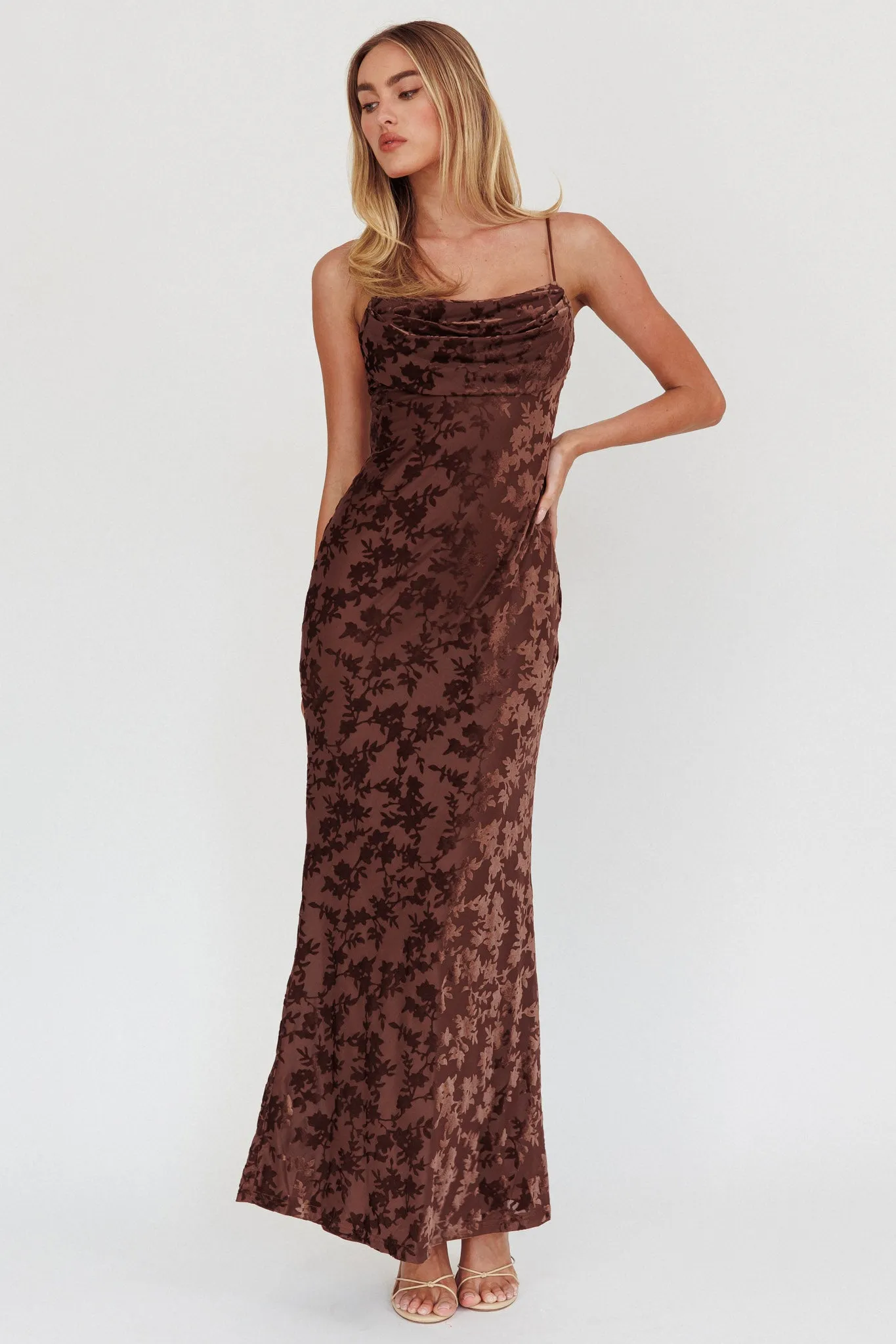 Well Versed Burnout Velvet Maxi Dress Chocolate sold by Selfie Leslie product image thumbnail 2