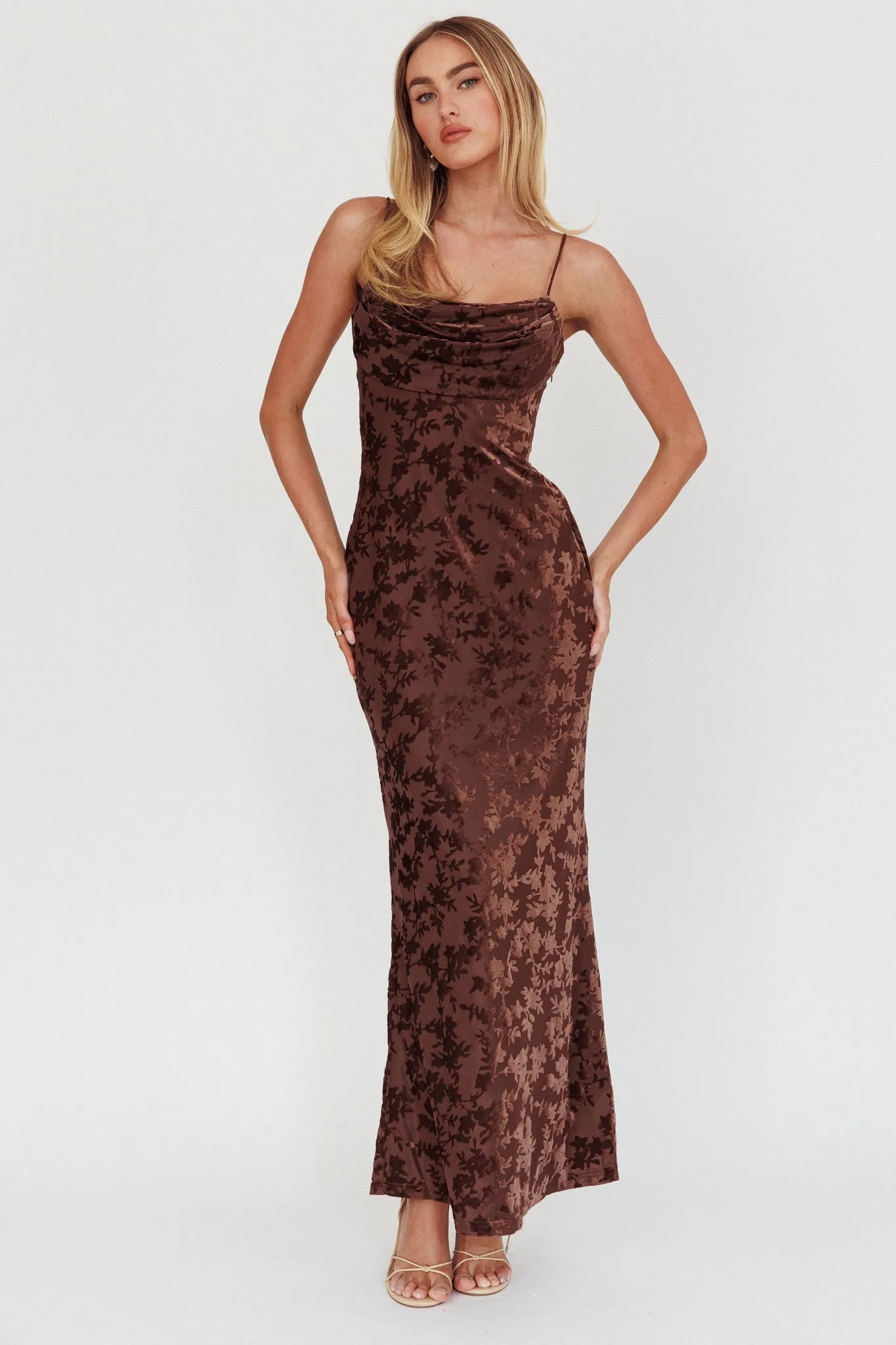 Well Versed Burnout Velvet Maxi Dress Chocolate sold by Selfie Leslie product image thumbnail 3
