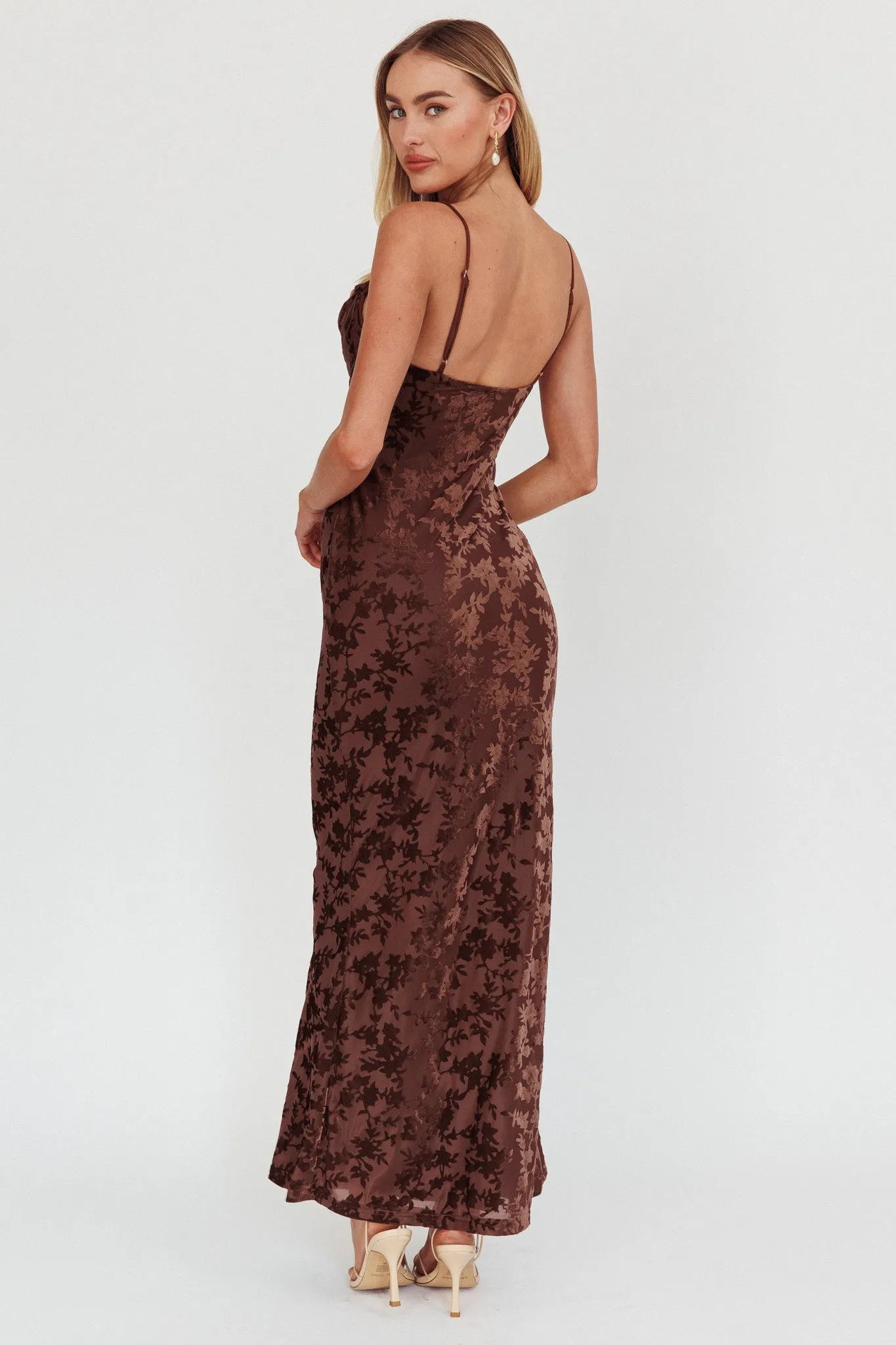 Well Versed Burnout Velvet Maxi Dress Chocolate sold by Selfie Leslie product image thumbnail 4