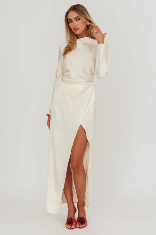 Loveland Long Sleeve Cowl Back Maxi Dress Beige sold by Selfie Leslie