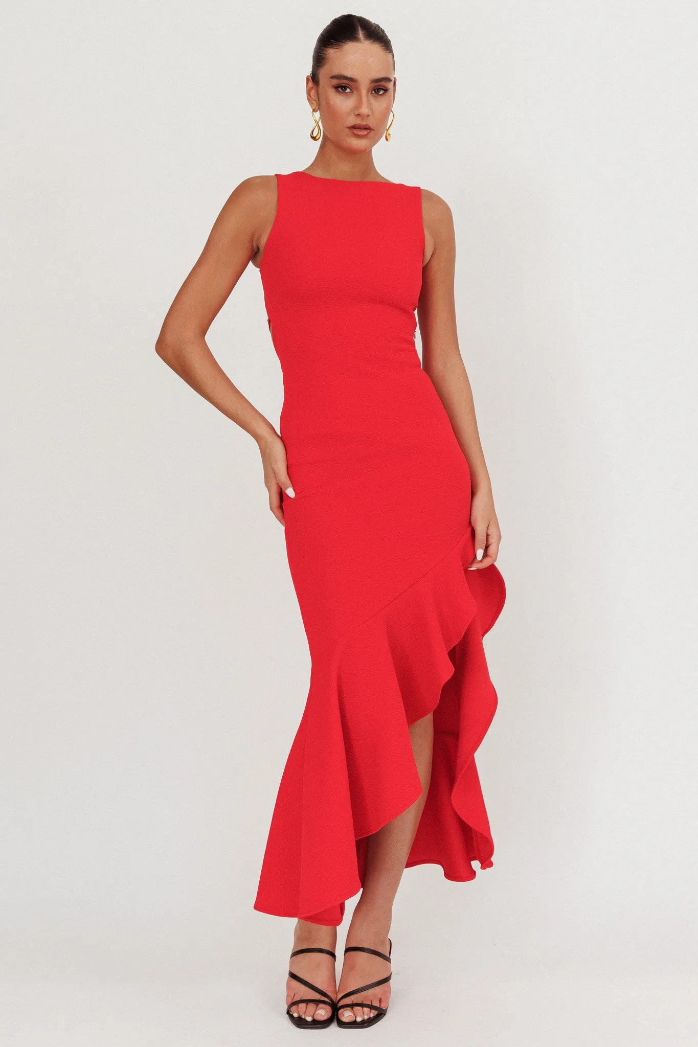 Lights On Asymmetric Hem Maxi Dress Red sold by Selfie Leslie
