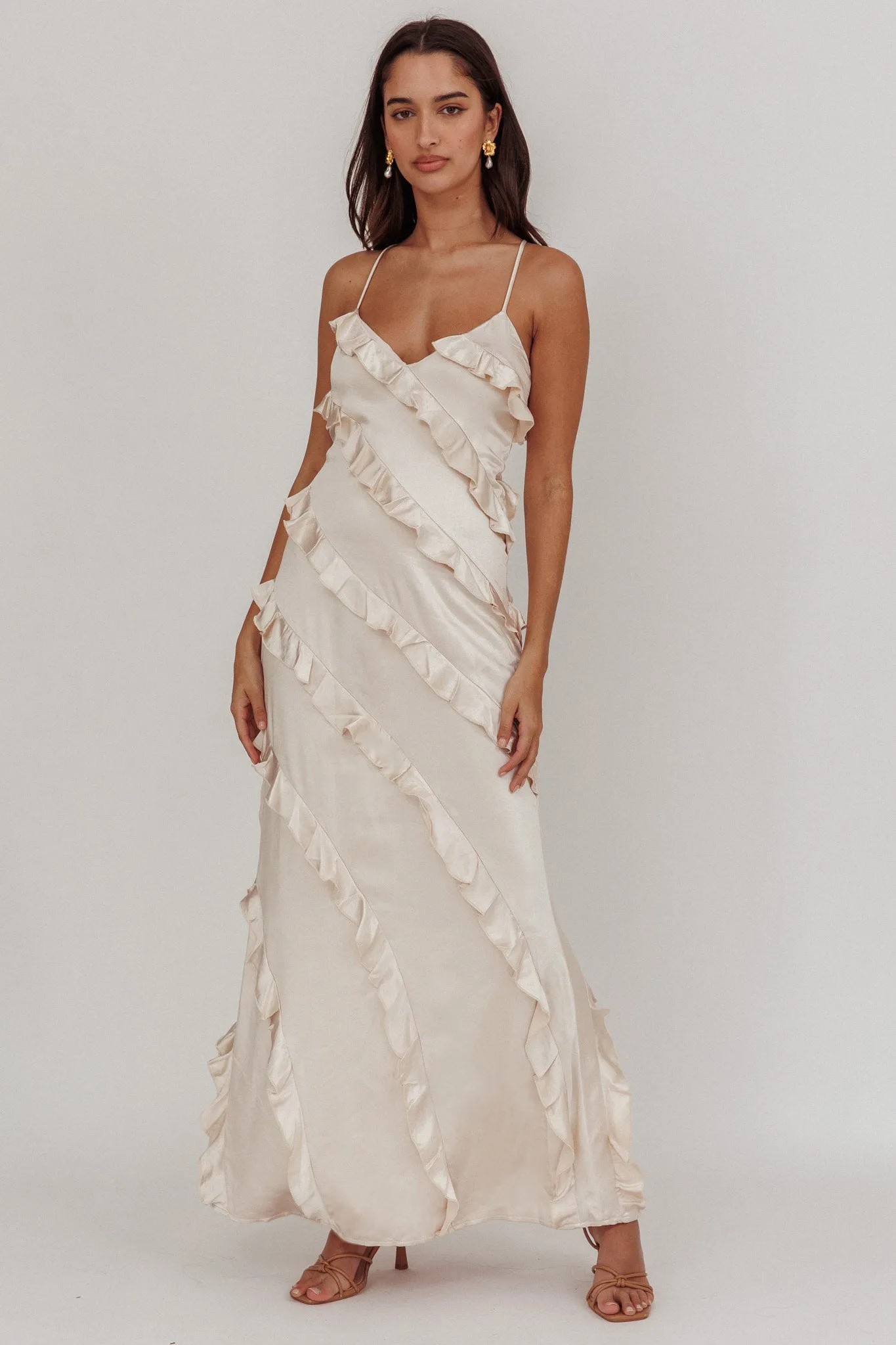 Arrabel Ruffle Trim Maxi Dress Champagne sold by Selfie Leslie