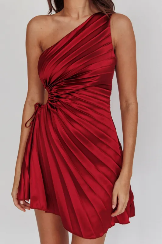 Glow Ray One-Shoulder Pleat Dress Wine sold by Selfie Leslie