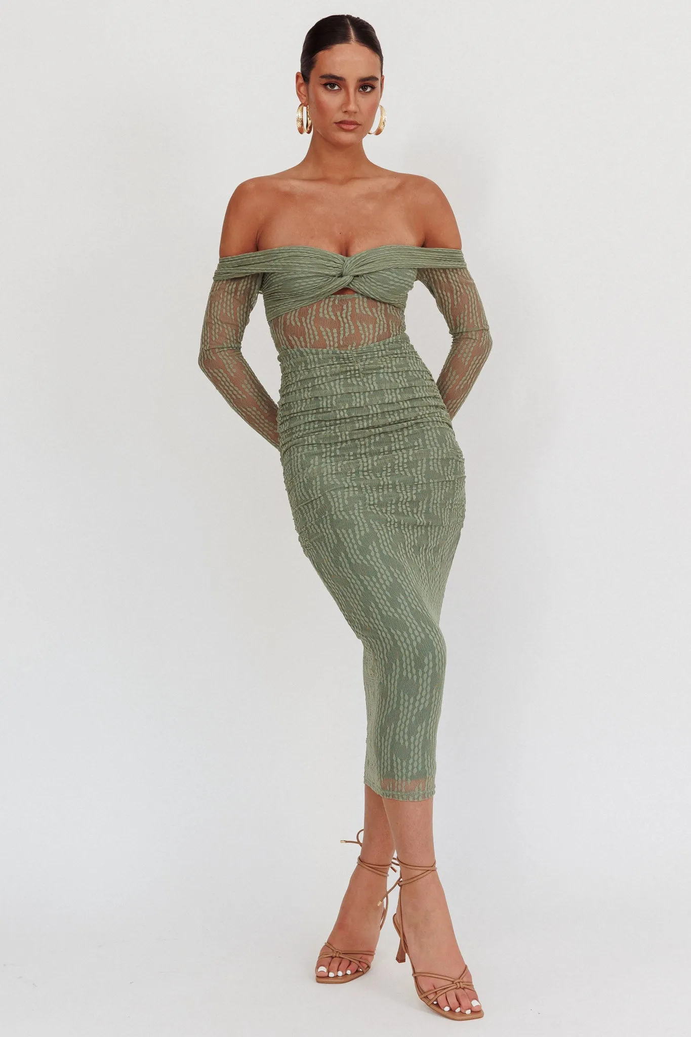 Oliana Off-Shoulder Mesh Maxi Dress Fern sold by Selfie Leslie