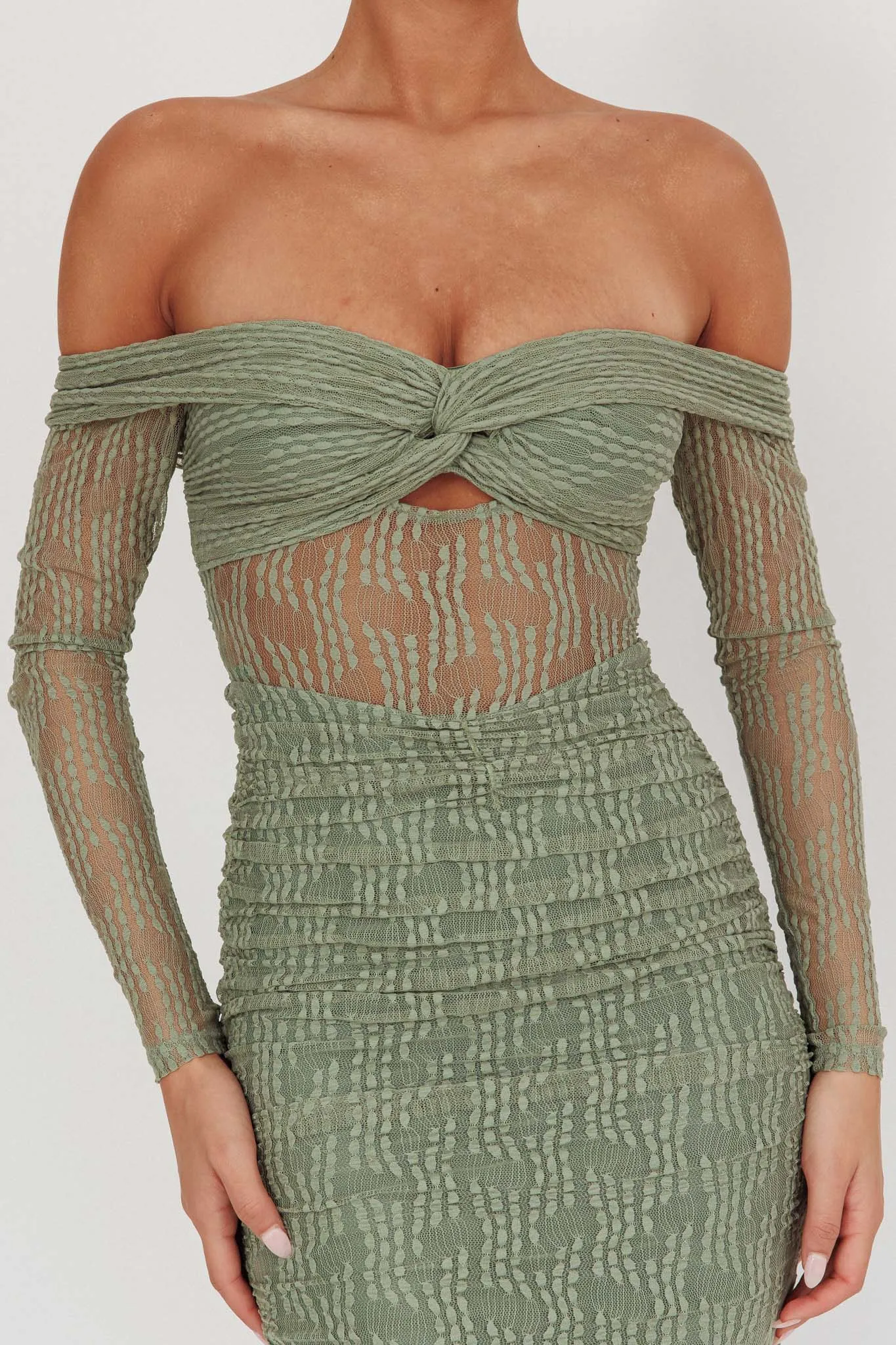 Oliana Off-Shoulder Mesh Maxi Dress Fern sold by Selfie Leslie product image thumbnail 4