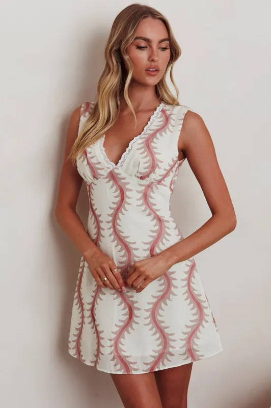 Ashtan Lace Trim Open Back Mini Dress Print Oat sold by Selfie Leslie