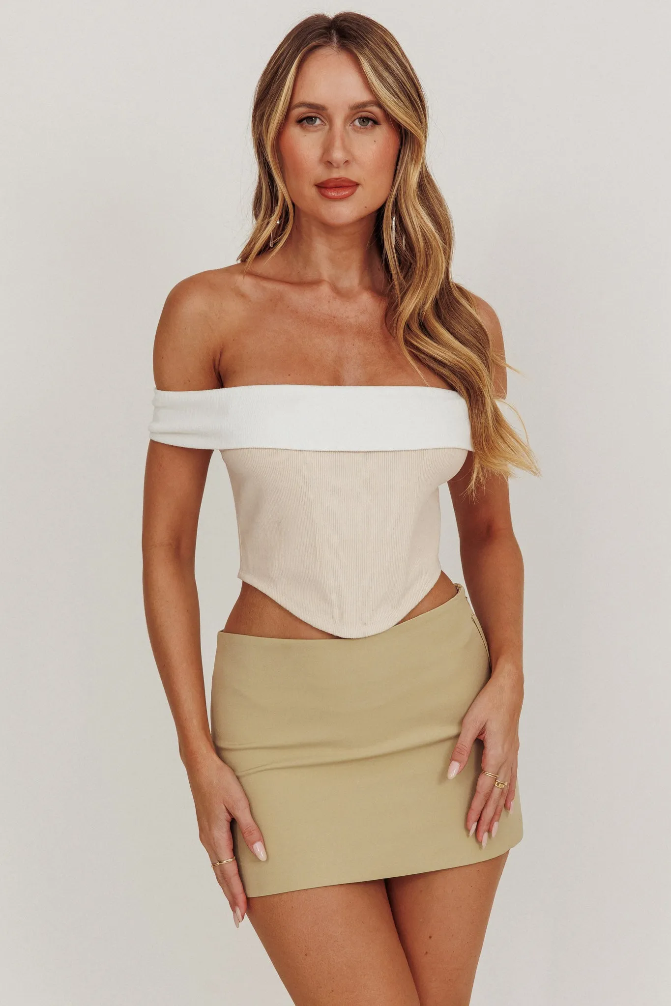 Spill The Tea Off-Shoulder Top Beige/White sold by Selfie Leslie product image thumbnail 5