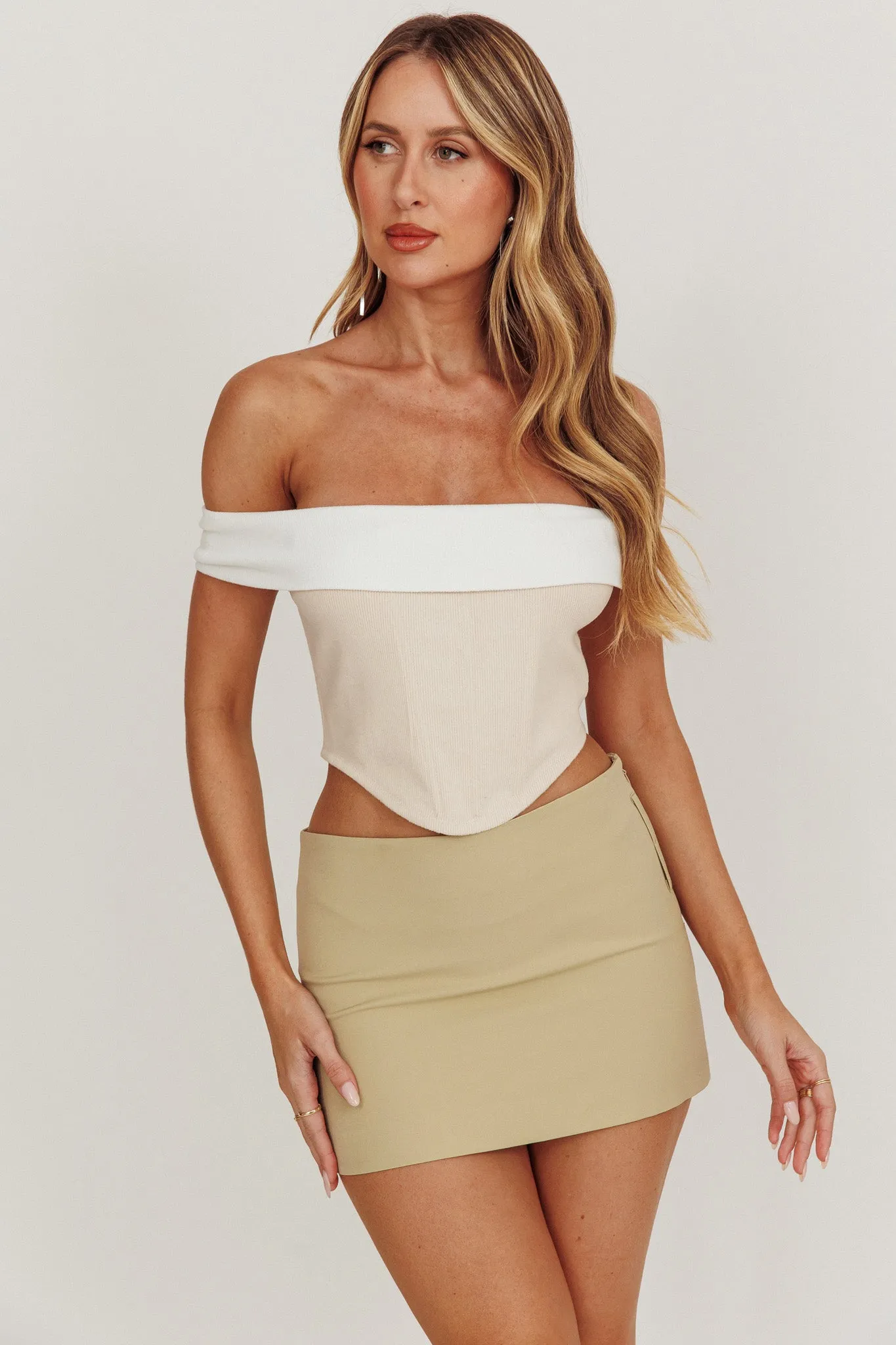 Spill The Tea Off-Shoulder Top Beige/White sold by Selfie Leslie