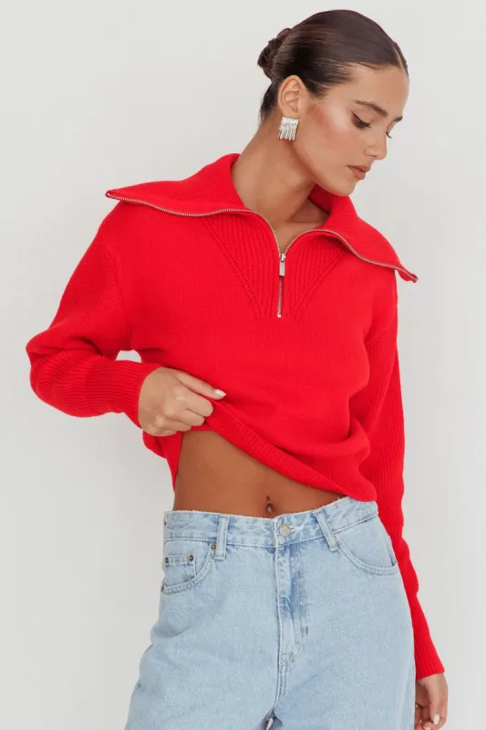 Dawneta Half Zipper Knit Pullover Red sold by Selfie Leslie