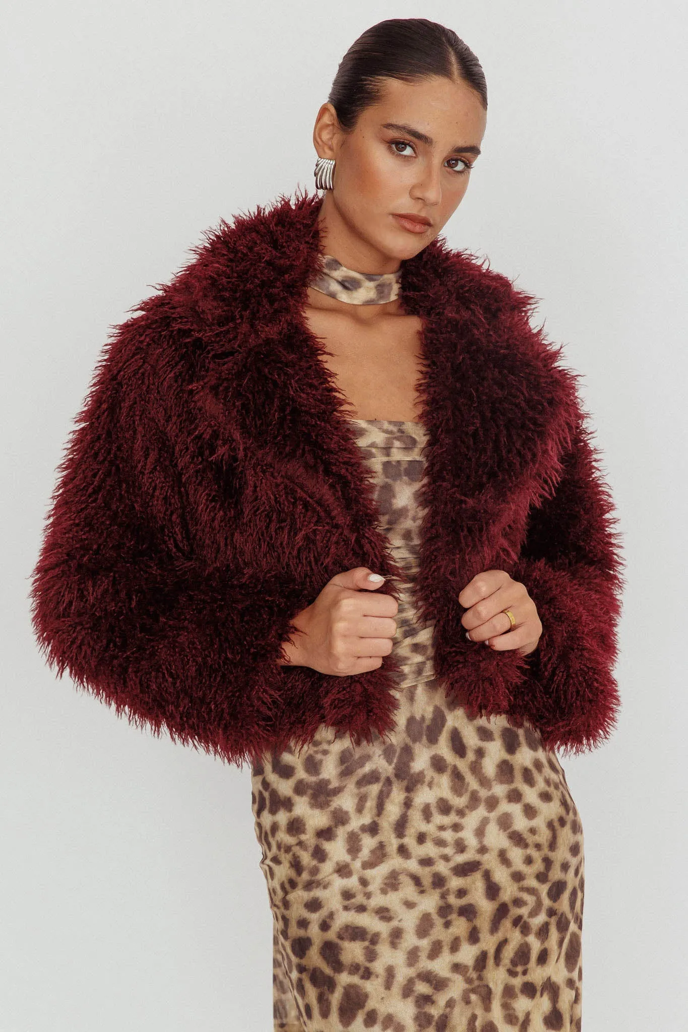 Aland Fuzzy Faux Fur Jacket Wine sold by Selfie Leslie