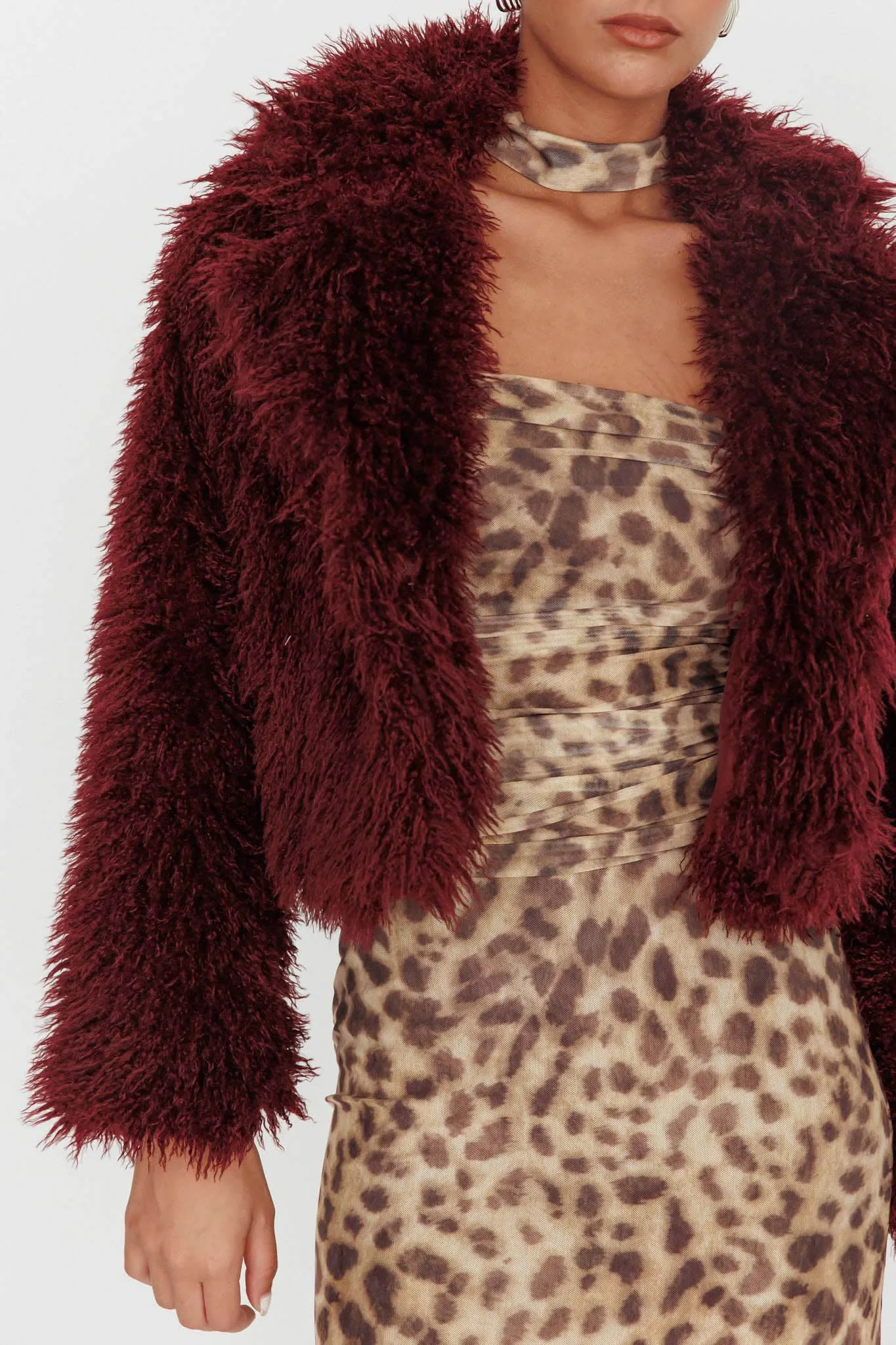 Aland Fuzzy Faux Fur Jacket Wine sold by Selfie Leslie product image thumbnail 4