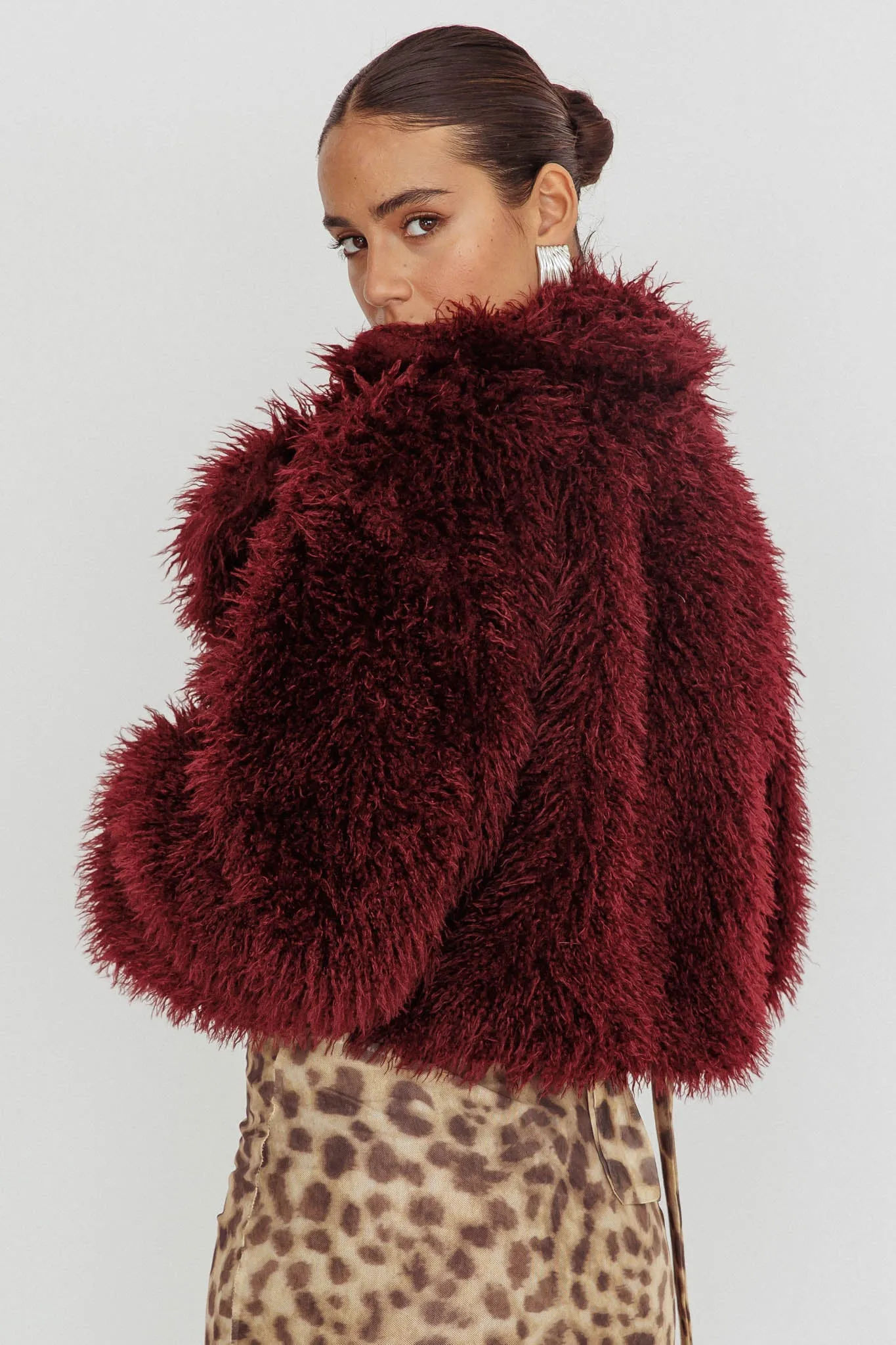 Aland Fuzzy Faux Fur Jacket Wine sold by Selfie Leslie product image thumbnail 3