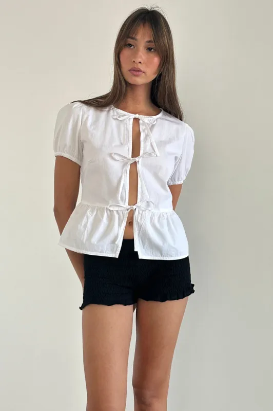 Scandi Puff Sleeve Tie Front Top White sold by Selfie Leslie