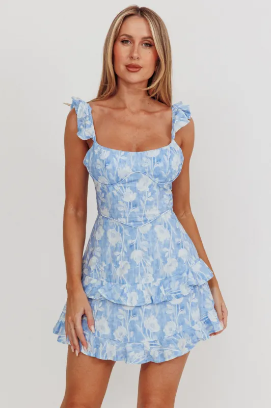 Moonlit Moment Ruffle Trim Lace-Up Back Dress Floral Blue sold by Selfie Leslie