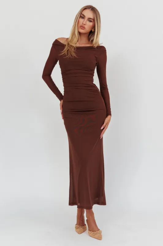 In Blooms Off Shoulder Mesh Maxi Dress Chocolate sold by Selfie Leslie