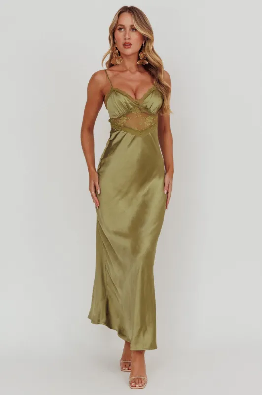 Her theory Lace Trim Maxi Dress Olive sold by Selfie Leslie