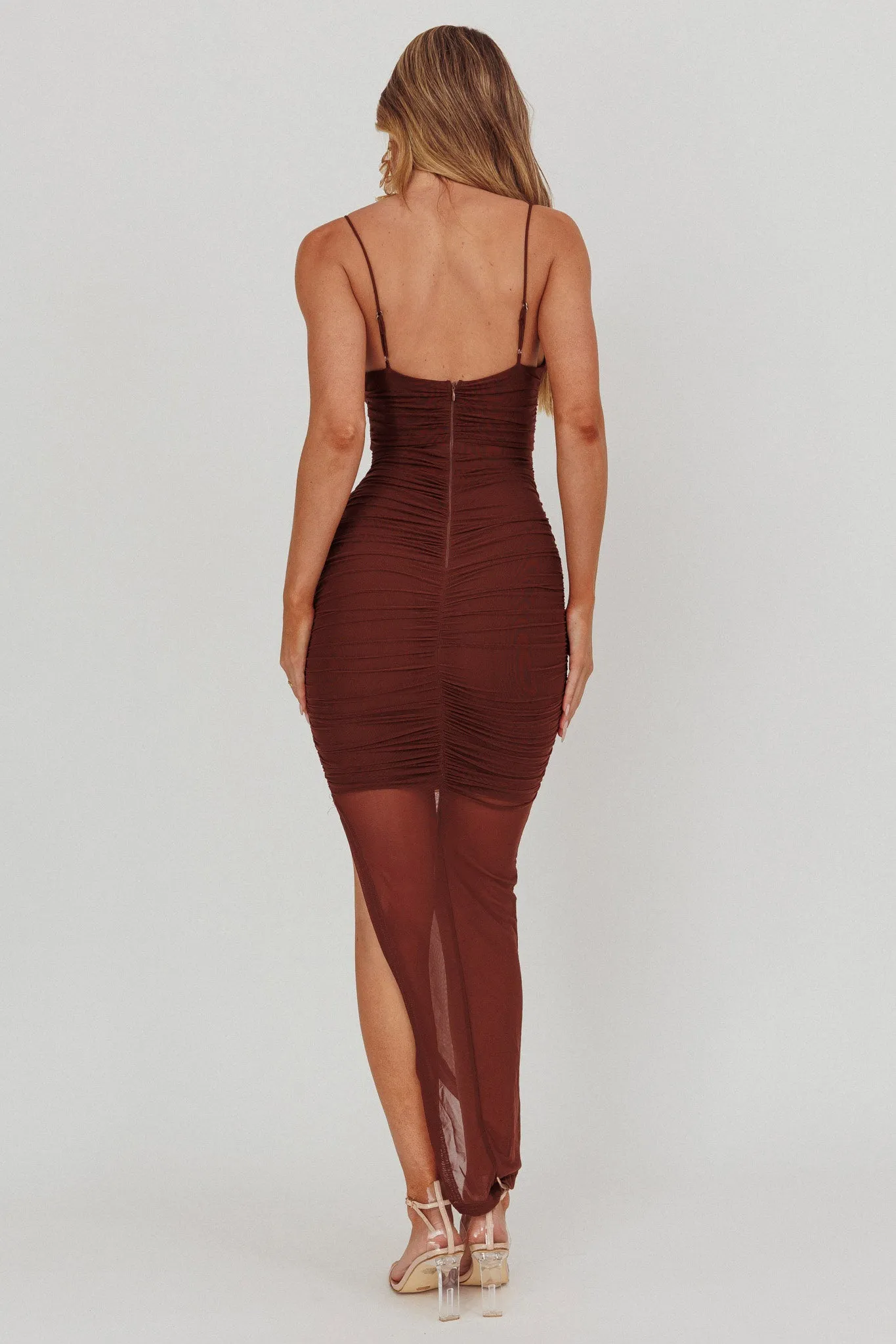 Good Vibes V-Bust Sheer Split Midi Dress Chocolate sold by Selfie Leslie product image thumbnail 2