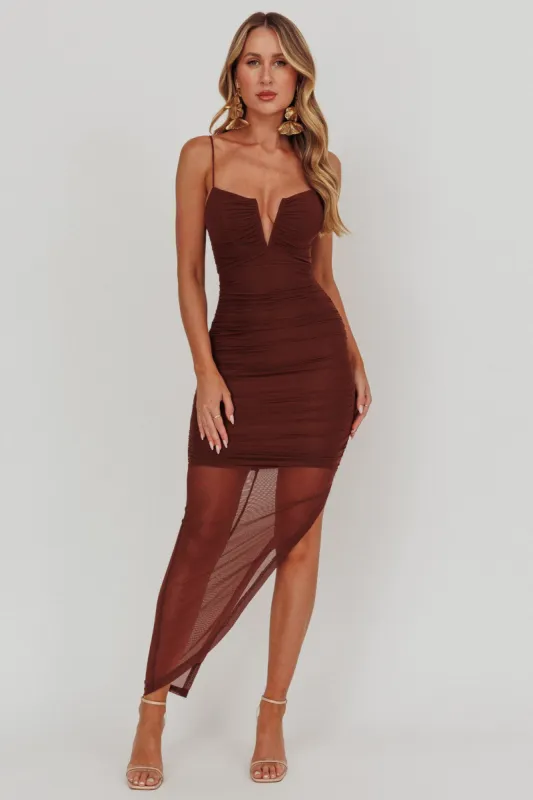 Good Vibes V-Bust Sheer Split Midi Dress Chocolate sold by Selfie Leslie
