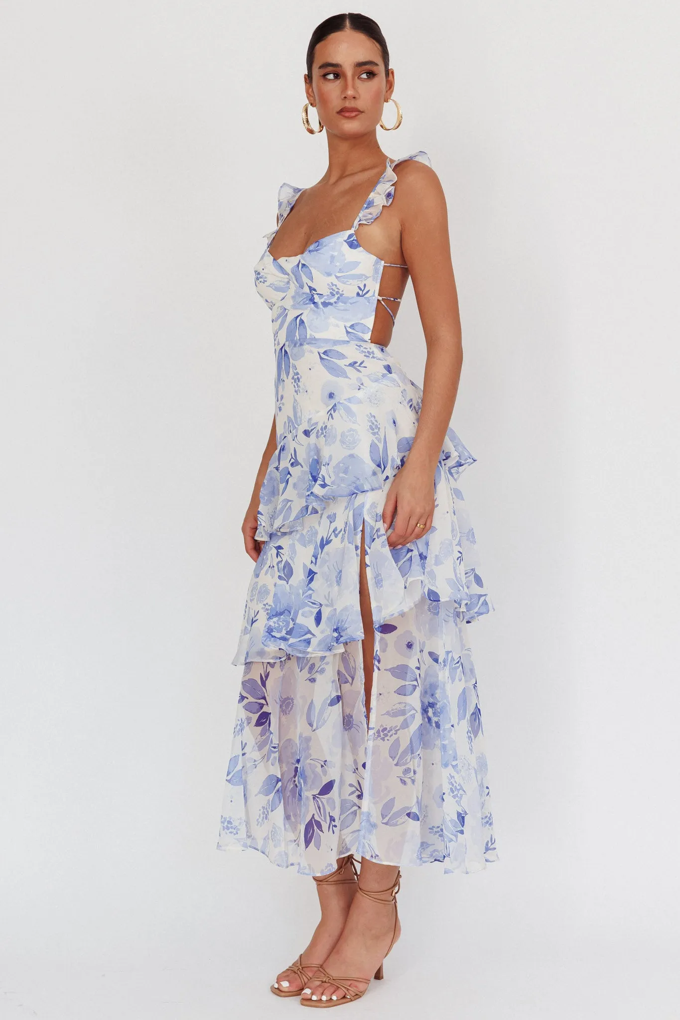 Veda Strappy Back Ruffle Maxi Dress Flowers Blue sold by Selfie Leslie product image thumbnail 4