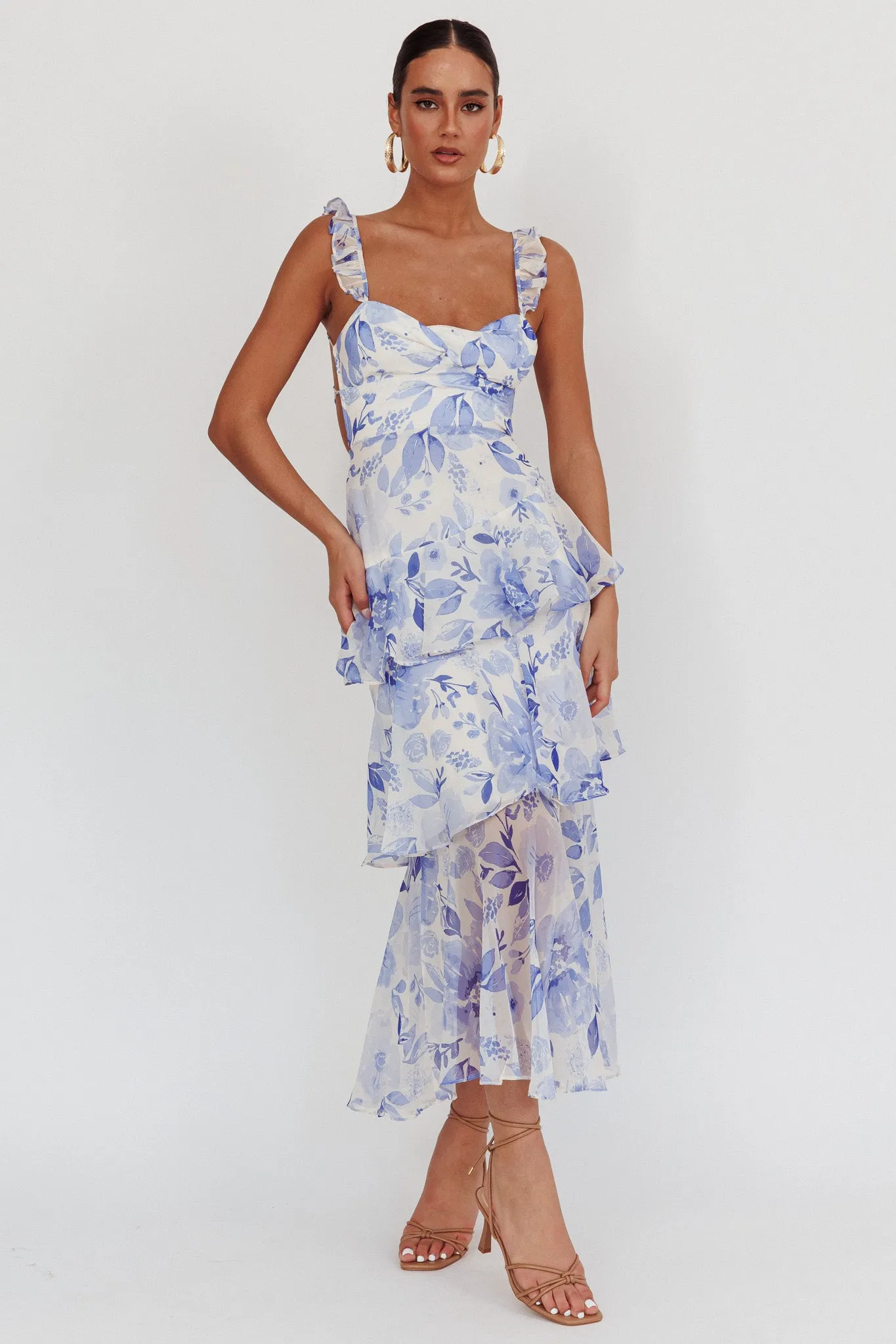 Veda Strappy Back Ruffle Maxi Dress Flowers Blue sold by Selfie Leslie product image thumbnail 5