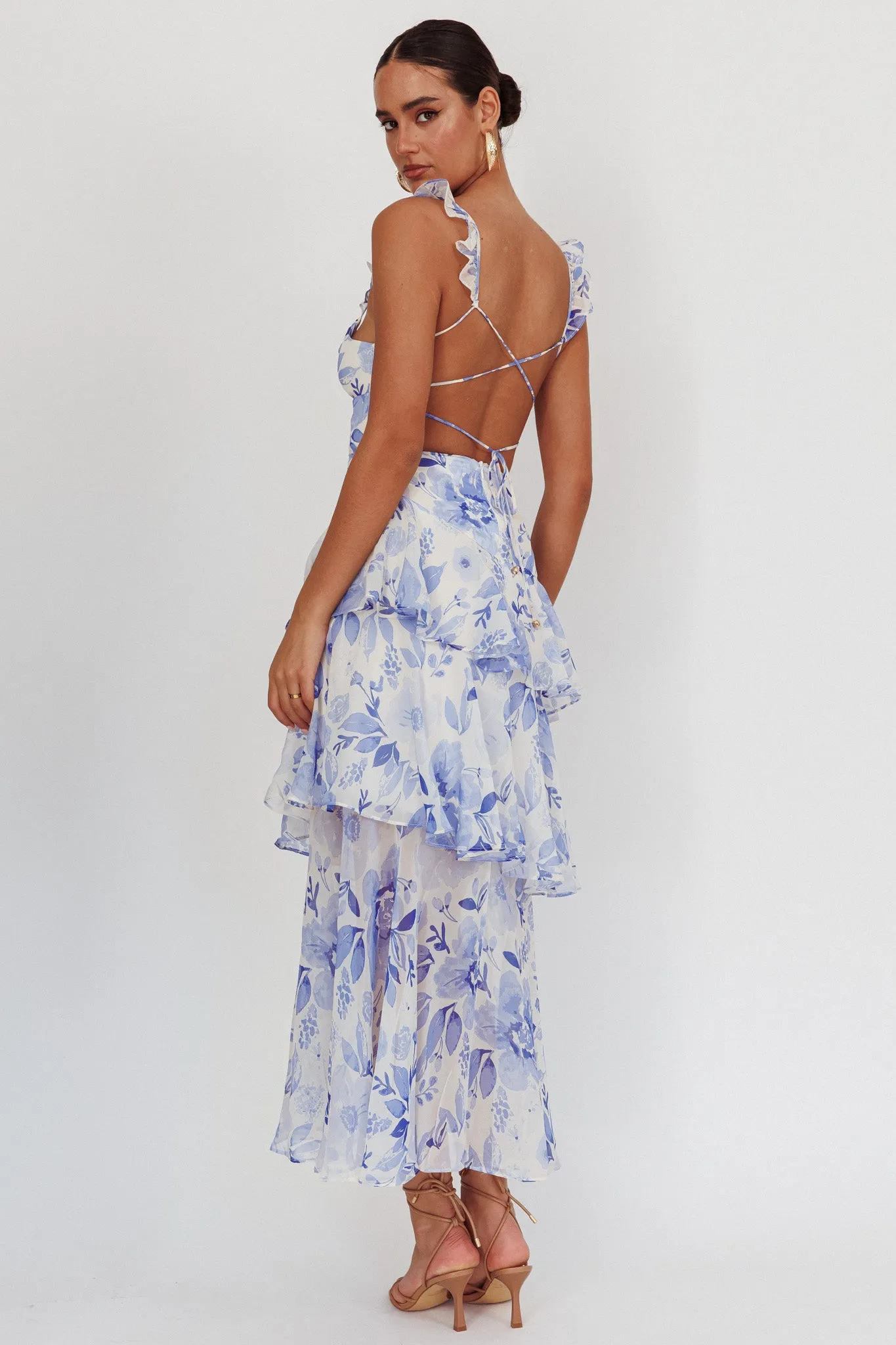 Veda Strappy Back Ruffle Maxi Dress Flowers Blue sold by Selfie Leslie product image thumbnail 2